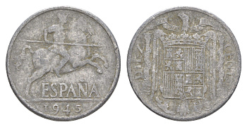 Испания 10 сентимо 1945 рыцарь на коне, Франсиско Франко (1939-1975) KM 766 алюминий 4619-1135