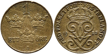 Швеция 1 эре 1923 Густав V (1907-1950) KM 777.2 бронза 4396-162