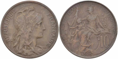 ФРАНЦИЯ 10 САНТИМОВ 1906 ТИП ДАНИЭЛЬ ДЮПЮИ KM 843, LA FRANC 136.16 бронза 109-226