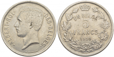 БЕЛЬГИЯ 5 ФРАНКОВ 1930 BELGES KM 97.1 никель 114-826