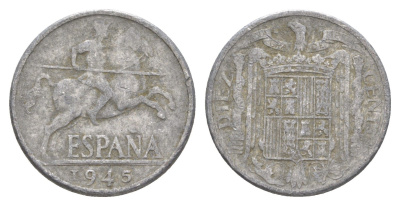 Испания 10 сентимо 1945 рыцарь на коне, Франсиско Франко (1939-1975) KM 766 алюминий 4619-1135