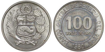 Перу 100 солей 1980 KM 283 медно-никель aUNC 4367-714