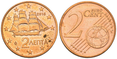 Греция 2 евроцента 2015 KM 182 сталь плакированная медью aUNC 4539-737
