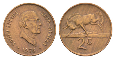 ЮАР 2 цента 1976 Окончание президентства Якобуса Йоханнеса Фуше KM 92 бронза 4602-723