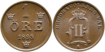 Швеция 1 эре 1895 Оскар II (1872-1907) король Швеции и Норвегии KM 750 бронза UNC 176-858