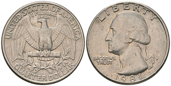 США 25 центов = квотер 1981 P, Вашингтон KM 164a медь плакированная медно-никелем 4595-111