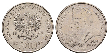 Польша 500 злотых 1989 Польские правители - Король Владислав II Ягелло Y 194 медно-никель UNC 4654-1032
