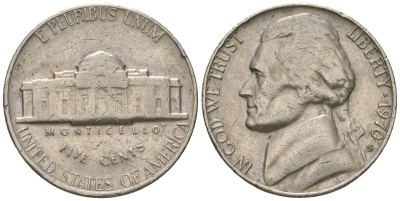 США 5 центов 1970 S (Сан-Франциско), Джефферсон KM A192 медно-никель 4592-437