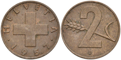 Швейцария 2 раппена 1957 В KM 47 бронза 4591-1143