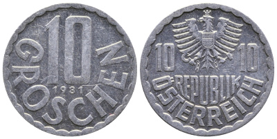 АВСТРИЯ 10 ГРОШЕЙ 1981 KM 2878 алюминий 53-623