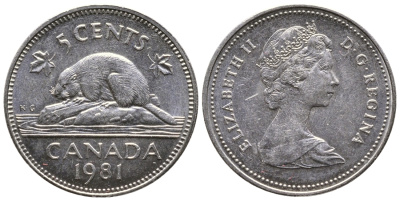 Канада 5 центов 1981 Елизавета II (1952-2022), бобер KM 60.2 никель 4364-2557