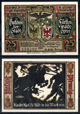 Фюрстенвальде (Пруссия, Бранденбург) 25 пфеннигов 1921 Mehl Grabowski 403.1a-4/15 бумага UNC (пресс) 7555-45-4-2