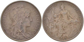 ФРАНЦИЯ 5 САНТИМОВ 1916 ТИП ДАНИЭЛЬ ДЮПЮИ KM 842, LE FRANC 119.28 бронза 212-857