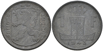 БЕЛЬГИЯ 1 ФРАНК 1943 BELGIE-BELGIQUE KM 128 цинк 4563-1154