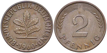 ФРГ 2 ПФЕННИГА 1960 J KM 106, J. 381 бронза 116-314
