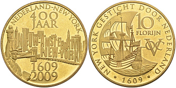 Нидерланды медаль, 10 флоринов 2009 Восточно-Индийская компания, 400 лет открытия Нью- Йорка, диаметр 35 мм., позолота бронза PROOFLIKE 4558-912