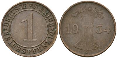 Германия 1 рейхспфенниг 1934 A KM 37, J. 313 бронза 4189-1246