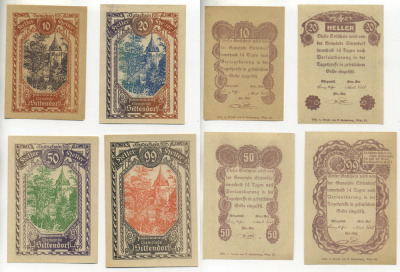 Австрия набор из 4 банкнот 1920 нотгельд, 10, 20, 50, 99 геллеров, SITTENDORF, первый выпуск   бумага  aUNC  7555-4-4-1