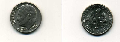 США 10 ЦЕНТОВ = 1 ДАЙМ 1968 D, РУЗВЕЛЬТ KM 195a медь плакированная медно-никелем 57-1169