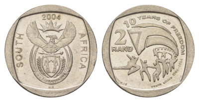 ЮАР 2 ранда 2004 10 лет первым всеобщим выборам KM 334 медь плакированная никелем UNC 4628-125