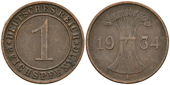 Германия 1 рейхспфенниг 1934 A KM 37, J. 313 бронза 4189-1239