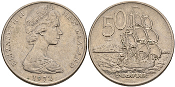 Новая Зеландия 50 центов 1972 Елизавета II (1952-2022), парусник Индевор KM 37.1 медно-никель    4599-1114