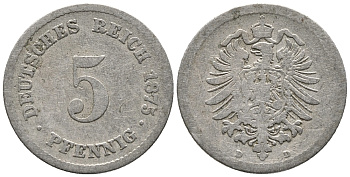 ГЕРМАНИЯ 5 ПФЕННИГОВ 1875 D, СТАРОГЕРБОВКА KM 3, J. 3 медно-никель 39-339
