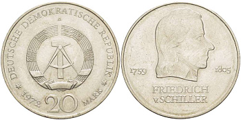 ГДР 20 марок 1972 А, Фридрих Шиллер (1759-1805) KM 40 медно-никель 4521-644