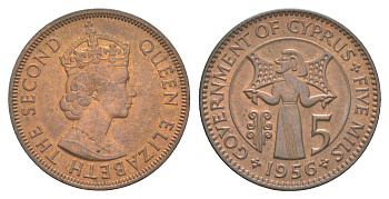 Кипр 5 милей 1956 Елизавета II (1952-2022) KM 34 бронза UNC 4652-333