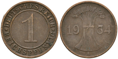 Германия 1 рейхспфенниг 1934 A KM 37, J. 313 бронза 4189-1239