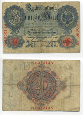 ГЕРМАНИЯ 20 МАРОК 1914 СЕМЬ ЦИФР В НОМЕРЕ Pick 46b бумага 6317-3-2