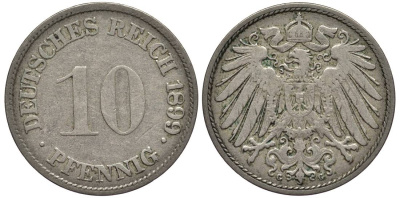 Германия 10 пфеннигов 1899 G KM 12, Jager 13, Weege 8 медно-никель 219-326