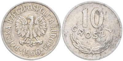 Польша 10 грошей 1966 MW KM AA47, Parchimowicz 206e алюминий 4516-1253