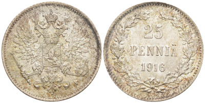 Россия для Финляндии 25 пенни 1916 S, Николай II (1894-1917) KM 6.2, Биткин 421 серебро 63-365