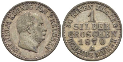 ПРУССИЯ 1 ГРОШ 1870 А, ВИЛЬГЕЛЬМ I (1861-1888) KM 485 серебро 201-647