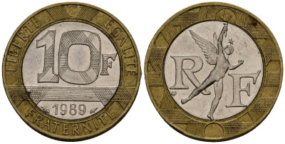 Франция 10 франков 1989 тип гений Бастилии KM 964.1, Le Franc 375.3 биметалл 4138-324