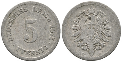 ГЕРМАНИЯ 5 ПФЕННИГОВ 1875 D, СТАРОГЕРБОВКА KM 3, J. 3 медно-никель 39-339