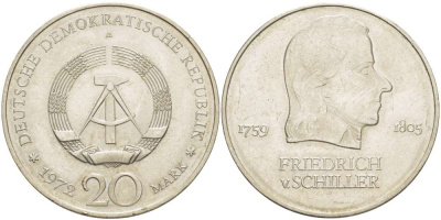 ГДР 20 марок 1972 А, Фридрих Шиллер (1759-1805) KM 40 медно-никель 4521-644