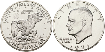 США 1 доллар 1971 S, Президент Эйзенхауэр, лунный орел KM 203a серебро  PROOF 1095-8-23