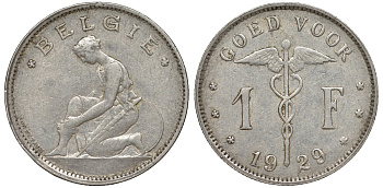 Бельгия 1 франк 1929 Belgie KM 90 никель 51-1747