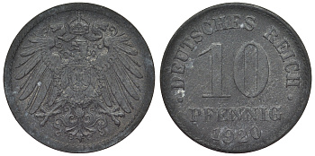 Германия 10 пфеннигов 1920 KM 26, J. 299, Weege 8 цинк 4119-327