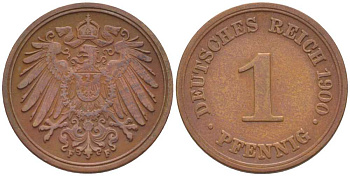 ГЕРМАНИЯ 1 ПФЕННИГ 1900 F KM 10, J. 10, Weege 2 медь 211-246