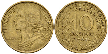 Франция 10 сантимов 1963 тип Marianne KM 929, Le Franc 144.3 медь алюминий никель 4115-539