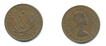 Великобритания 1/2 пенни 1958 Елизавета II (1952-2022) KM 896, Spink 4158 бронза 59-1112