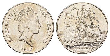 Новая Зеландия 50 центов 1987 Елизавета II (1952-2022), парусник Индевор KM 63 медно-никель 189-1233