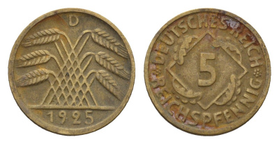 Германия 5 рейхспфеннигов 1925 D KM 39, J. 316 алюминиевая бронза 4651-718