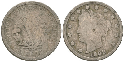 США 5 центов 1908 голова свободы KM 112 медно-никель 3336-225