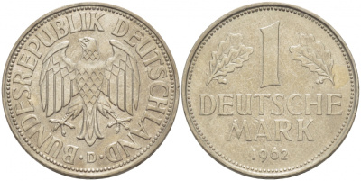 ФРГ 1 МАРКА 1962 D KM 110, J. 385 медно-никель 3996-945