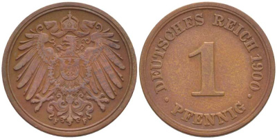 ГЕРМАНИЯ 1 ПФЕННИГ 1900 F KM 10, J. 10, Weege 2 медь 211-246