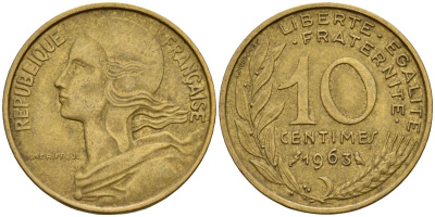 Франция 10 сантимов 1963 тип Marianne KM 929, Le Franc 144.3 медь алюминий никель 4115-539